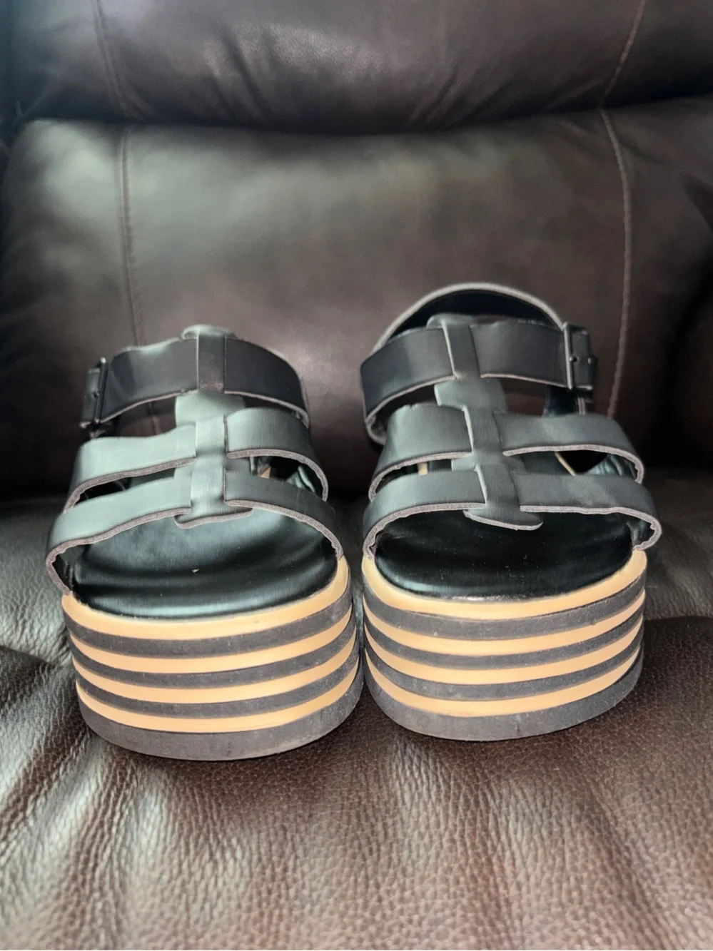Rocket Dog Black Strappy Platform Sandals with Tan Striped Sole